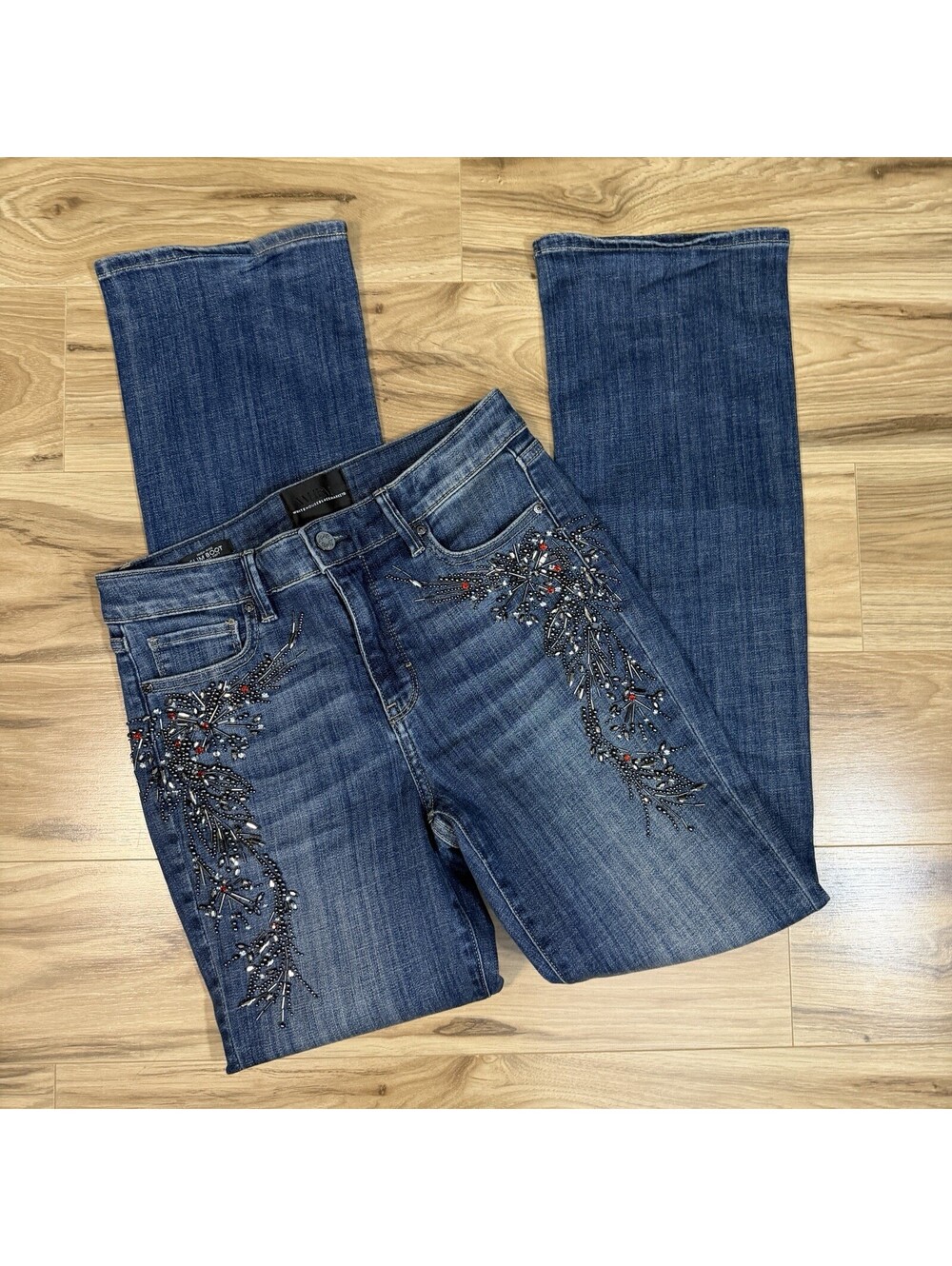 WHBM High Rise Slim Boot Beaded Rhinestone Floral Jeans Size 4 Y2K McBling